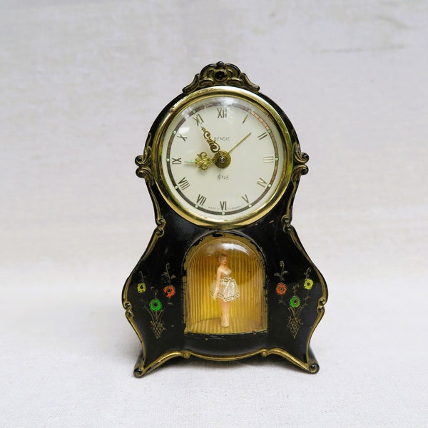 Vintage Ballet Dancer Clock/Made in Germany/Rensie Watch Company Dresser Clock/Black Case Floral Design/Brahmas Lullaby Dancing Ballerina
