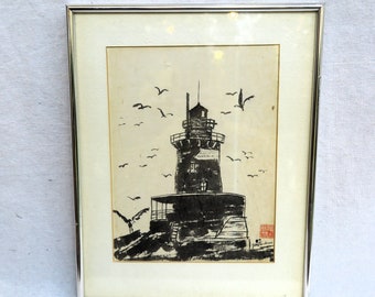 Vintage Framed Sumi-e Ink Painting/Russell Faudree Late Washington State Artist/Lighthouse Scene with Seagulls/Follower of Japanese Wash Ink