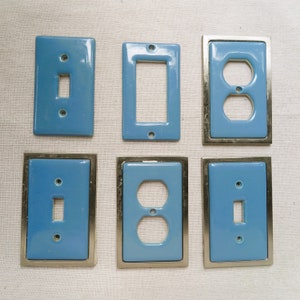 Vintage Cornflower Blue Ceramic Light Switch Plates/4 with Removable Steel Colored Metal Lining/Single Outlet Toggle Slide Covers Set of 6