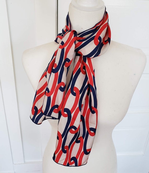 Vintage Peck & Peck Silk Scarf, Fab Red-white-blue Mod Chain  display picture 2