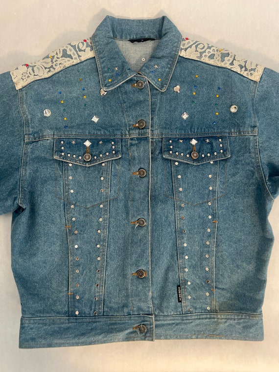 Unique 1980’s Rhinestone & Lace Denim Jacket - image 1