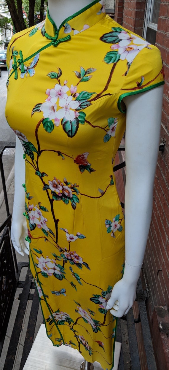 Yellow Silk Floral Print Asian Style Dress