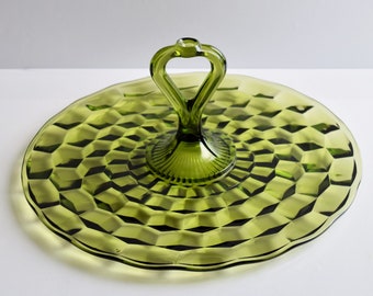 Green Indiana Whitehall Glass Sandwich Plate Serving Tray With Middle Handle Platter