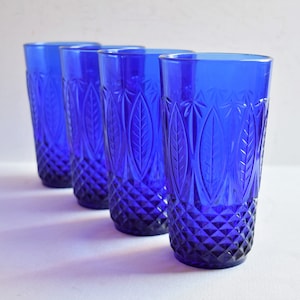 Set of 4 Royal Sapphire Blue French Tumblers / Cobalt Blue Arcoroc Glasses/ Vintage Glassware
