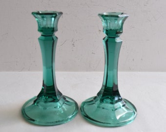 Vintage Blue-Green Teal Glass Taper Candlestick Holder