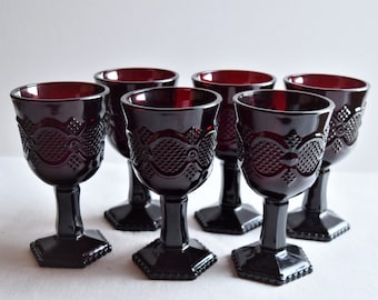 Set of 6 Avon Ruby Red Claret Goblets/ 5-1/4" Tall Red Wine Glasses/Vintage Glassware