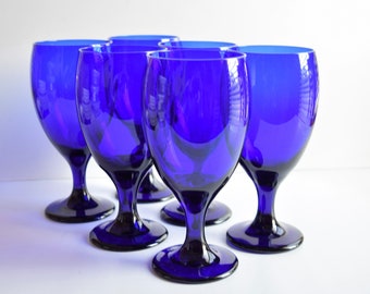 Set of 6 Large Blue Libbey Goblets  Teardrop Juniper Glassware