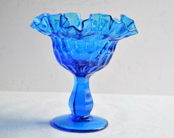 Blue Fenton  Thumbprint Glass Candy Dish / Compote Dish