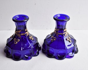 Set of 2 Cobalt Blue Glass Fancy Candle Holders/Vintage Candle Holders/Glass Home Furnishings