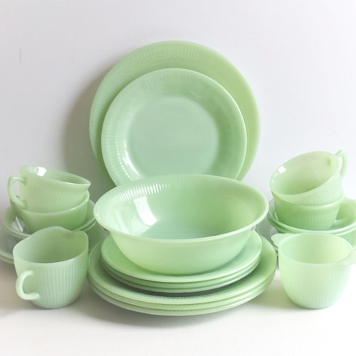 Vintage Fire King Jadeite Dinnerware Set: Jane Ray Green Dishes