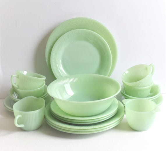 Vintage Fire King Jadeite Dinnerware Set: Jane Ray Green Dishes