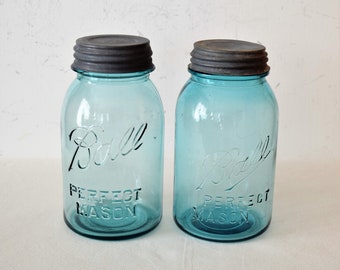 Vintage Set of 3 Aqua Blue Ball Perfect Mason Canning Jars With Gray Metal  Lids Kitchen Accessories 