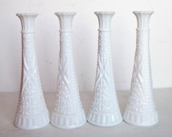 Jarrones vintage de vidrio con leche - Juego de 4 jarrones altos con decoración de rombos