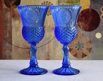 Set of 2 Vintage Cobalt Blue Avon Wine Goblets / Avon George Martha Goblets by Fostoria/ Vintage Glassware/  George and Martha Avon Goblets