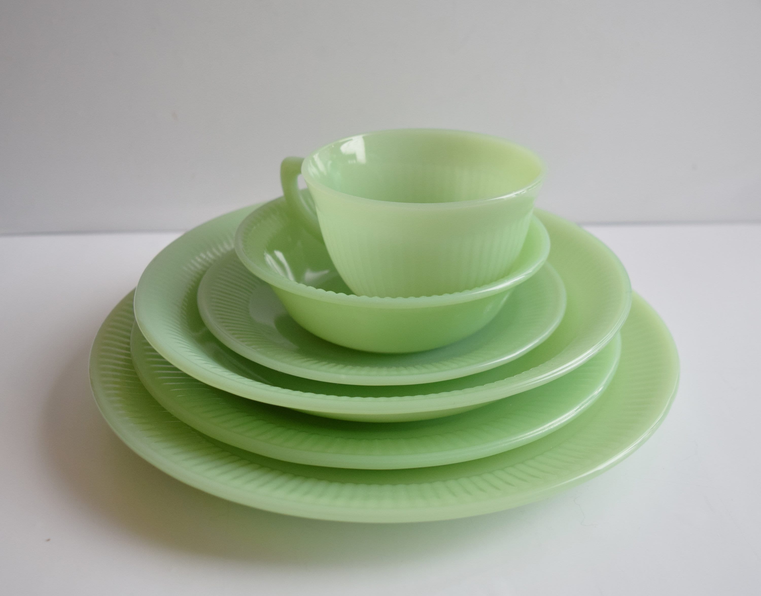 Vintage Jadeite Fire King Dinnerware Set: Jane Ray 6-piece Place