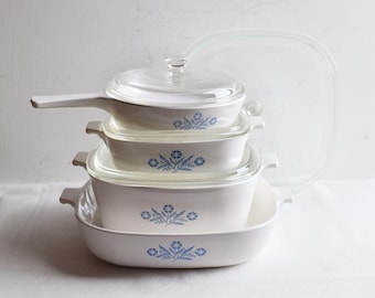 Vintage Corning Ware Cornflower Casserole Dishes with Lids, 8-Piece Set
