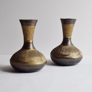Set Of 2 Vintage Medium Sized Matching Vases Engraved Solid Brass Vases