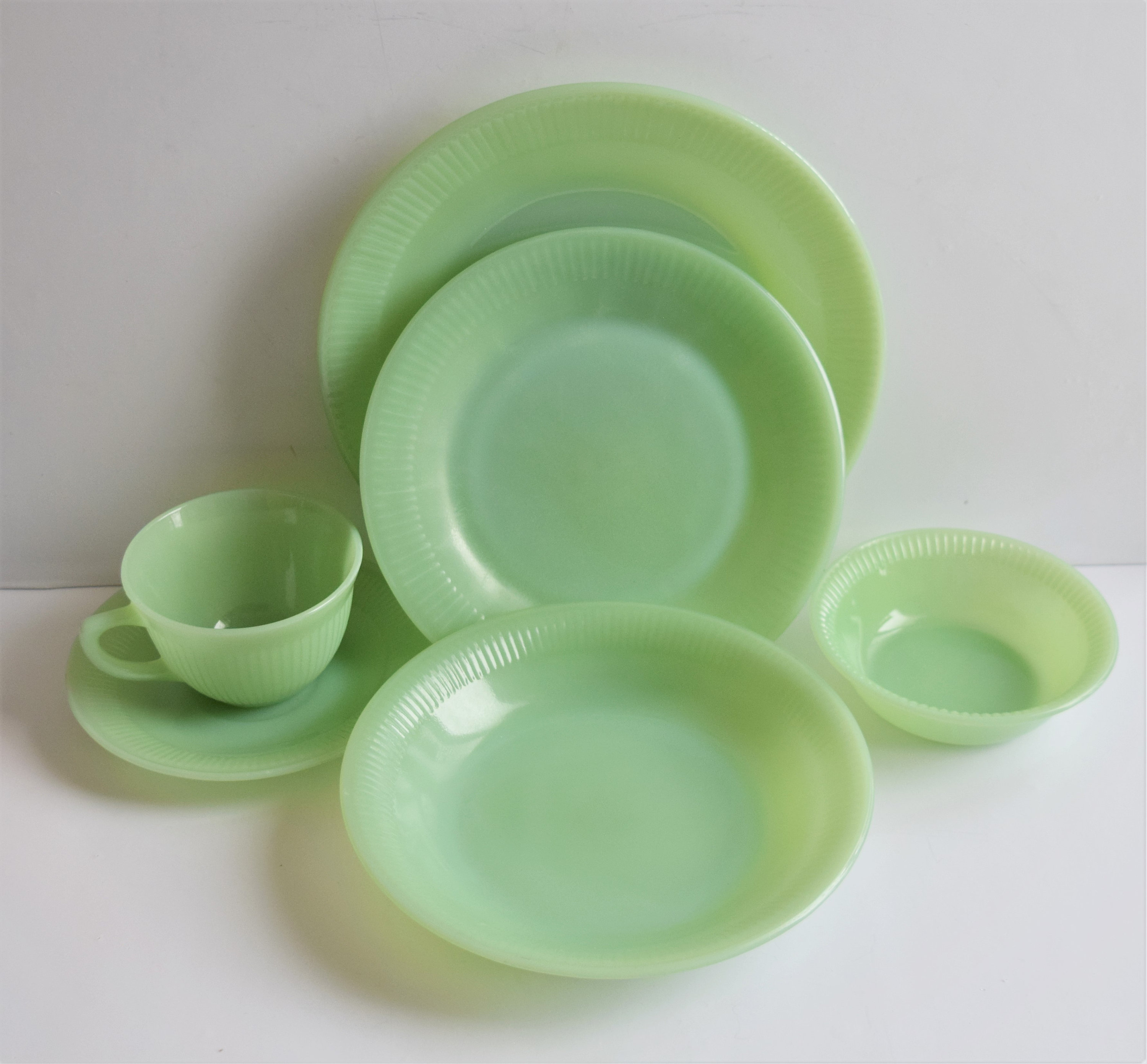 Vintage Jadeite Fire King Dinnerware Set: Jane Ray 6-piece Place