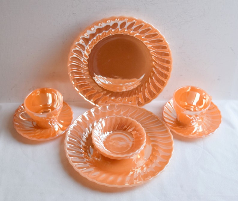 Set of 8 pieces Swirl Peach Luster Fire King Dinnerware by Etsy