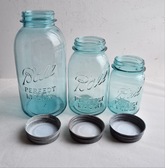 Vintage Set of 3 Aqua Blue Ball Perfect Mason Canning Jars With Gray Metal  Lids Kitchen Accessories 