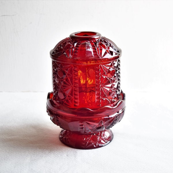 A 2 Piece Red Indiana Fairy candle Holder With Lid/ Red Glass Diamond and Sawtooth Design Candle Holder with Lid/Tinted Glass Decor