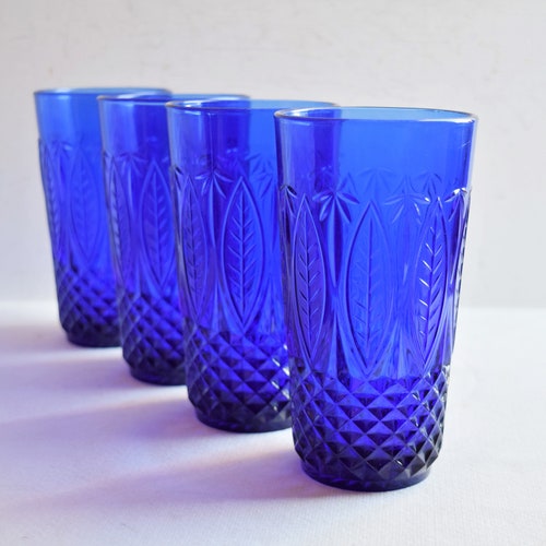 Set of 4 Royal Sapphire Blue French Tumblers / Cobalt Blue Arcoroc Glasses/ Vintage Glassware