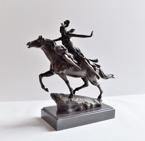 Solid Bronze Woman on Horseback Figurine Equestrian Women Figurine