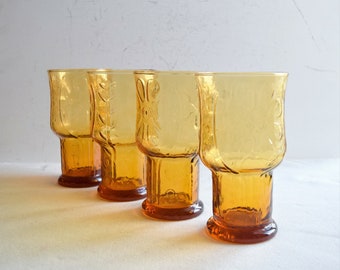 Set of 4 Amber Libbey Country Garden Water Glasses 5" Tall Necked-Down Tumblers