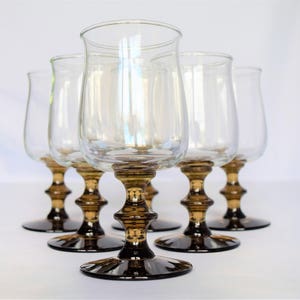Set of 6 Large Libbey Rock Sharp Wine Goblets With Smoke Tinted Stems Faux Bamboo stemmed Wine Glasses 10 fl oz