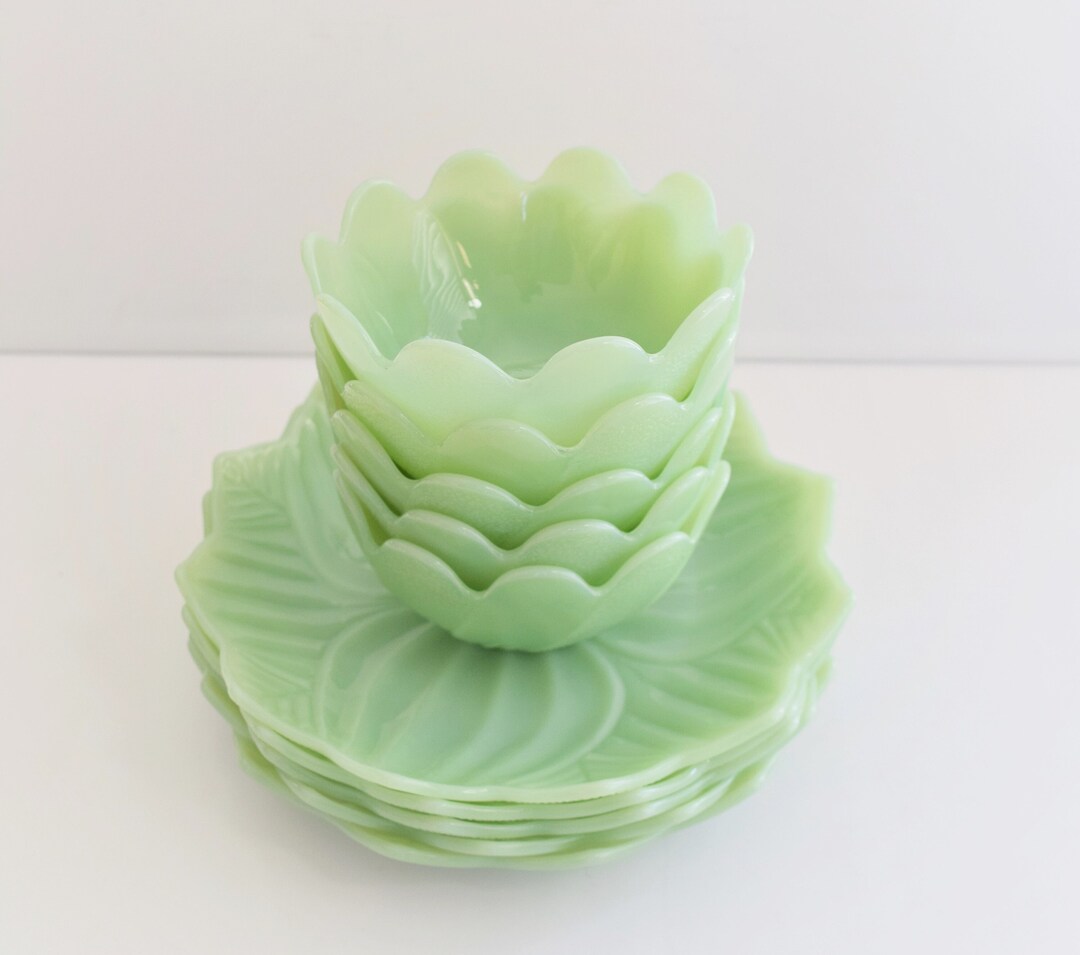 Rare Find Fire King Jadeite Lotus Leaf Blossom Plates4 and Bowls 4 Set