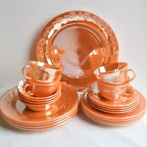 Set of 21 Peach Lustre Laurel Fire King Dinnerware Pieces by Anchor Hocking With Small Soup Bowls