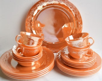 Vintage Fire King Peach Lustre Dinnerware Set - Laurel Leaf, 21 Piece