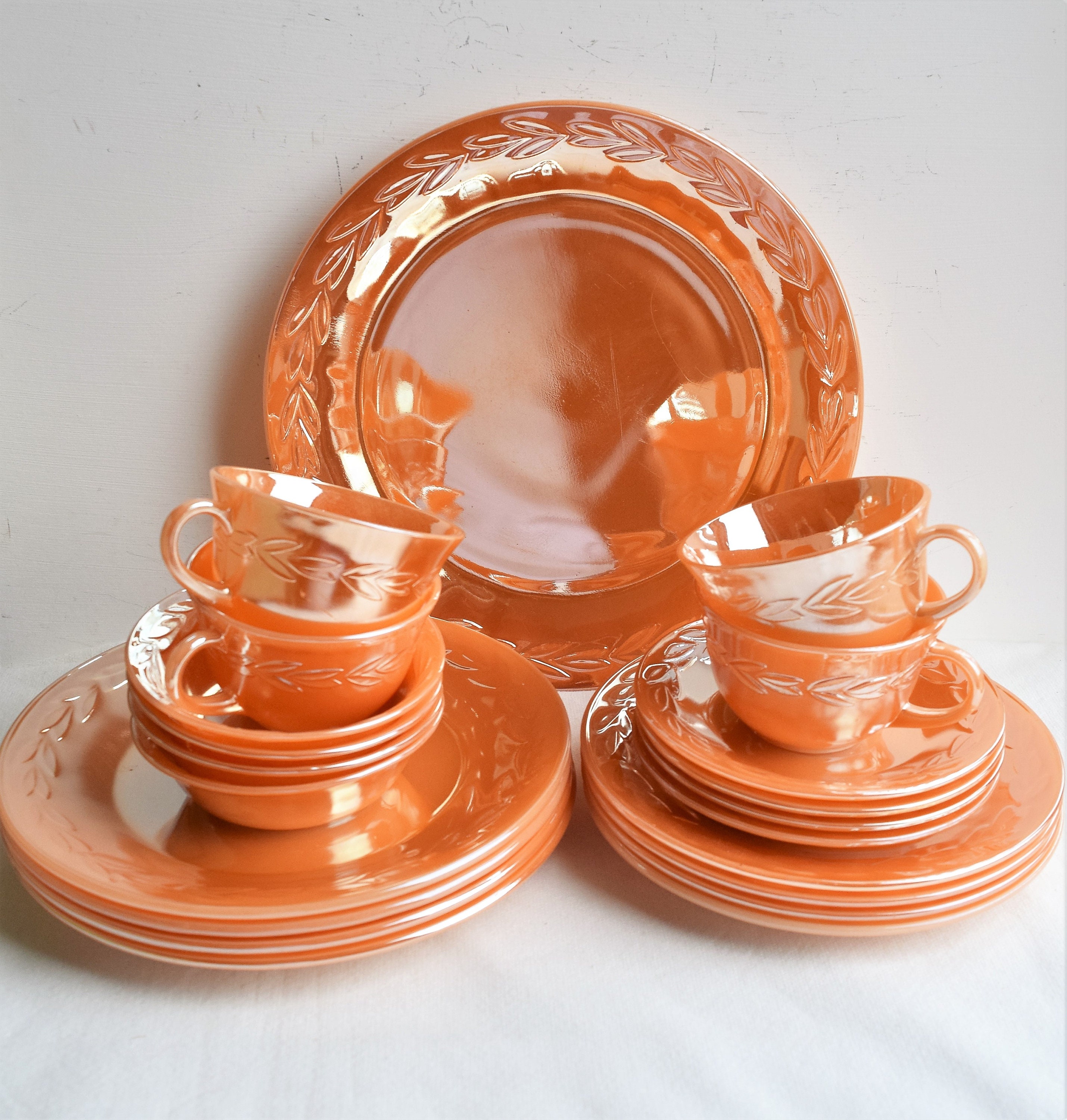 Set of 21 Peach Lustre Laurel Fire King Dinnerware Pieces by