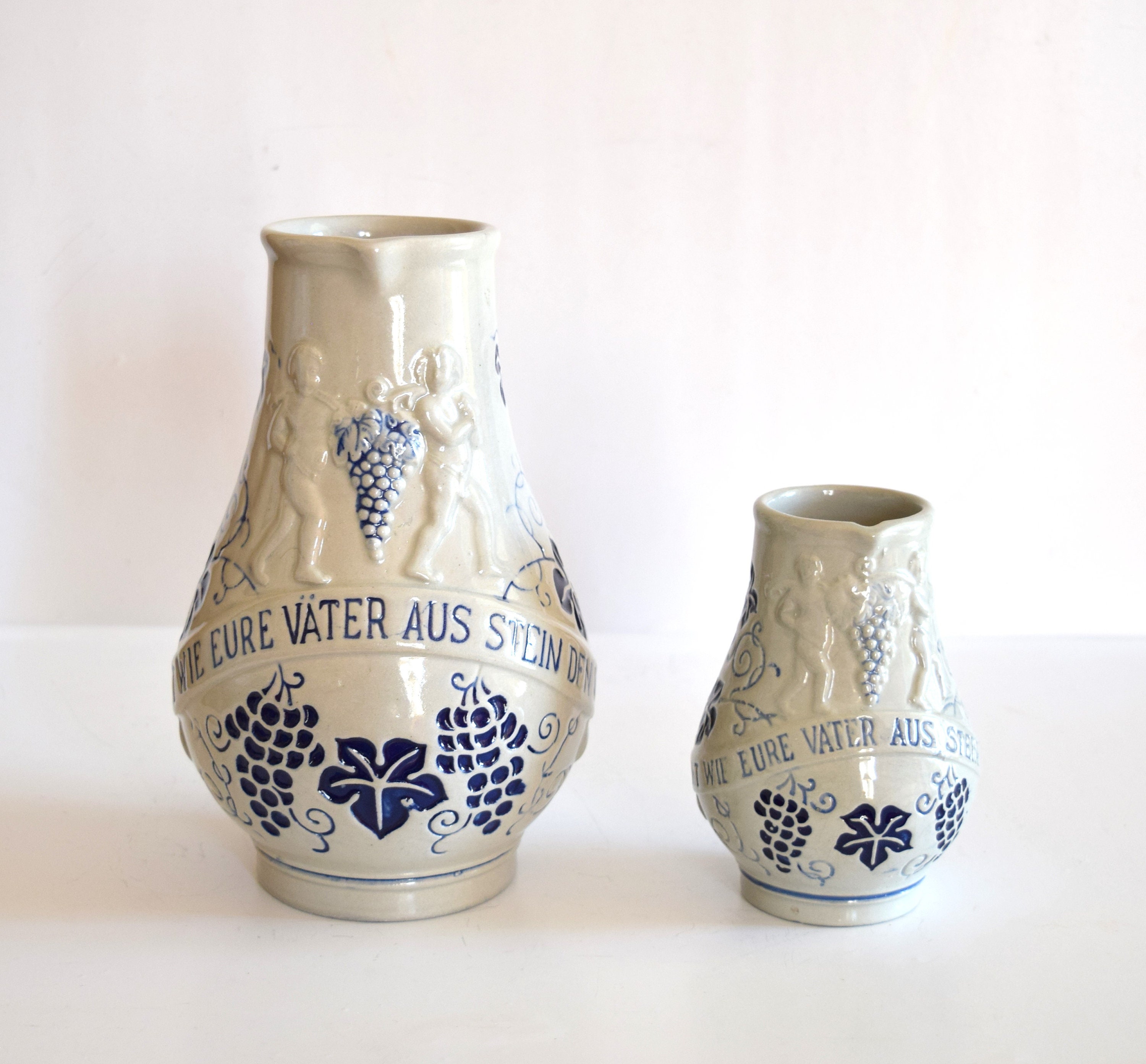 ヴィンテージ西ドイツ製ピッチャーセット：ブルー＆グレーのセラミック