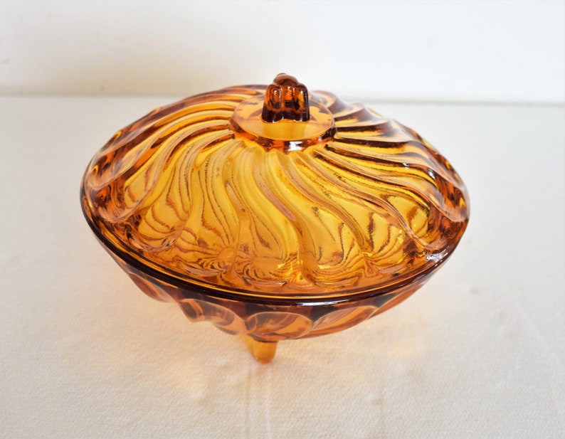 Vintage Amber Glass Candy Dish with LidColored Glass Home Decor