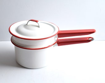 Light Red and White Enameled Double Boiler Set/Steel Novelty Cookware/Enameled Pots and Pans