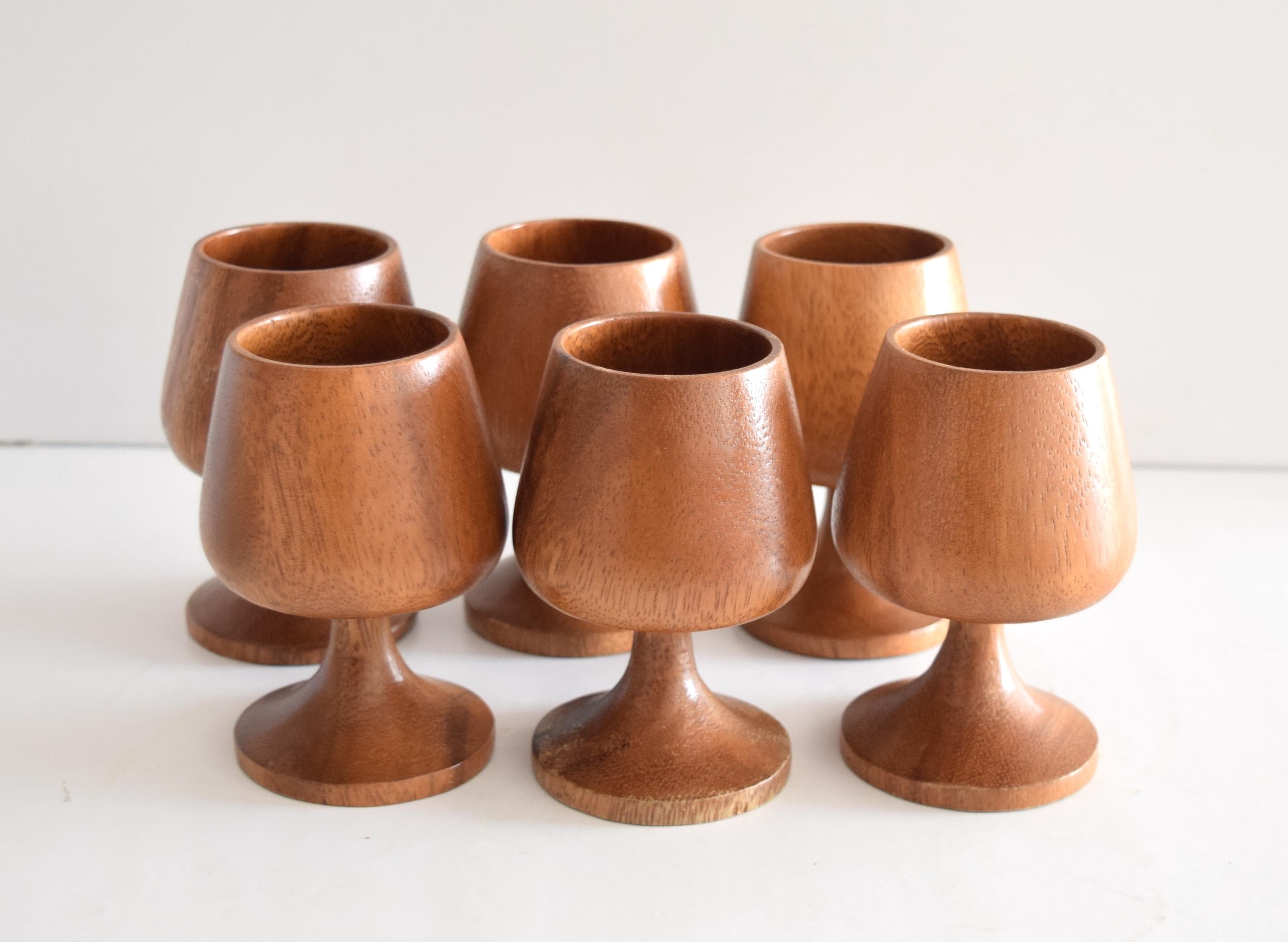Set of 6 Hand-Carved Wooden Wine Goblets/ Vintage Natural Wine Glasses