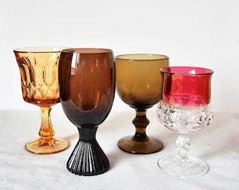 Mixed Set of 4 Colored-Glass Goblets Wine Glasses Vintage Glassware