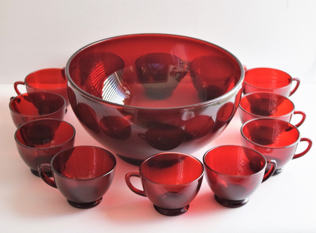 Ruby Red Punch Bowl Set 13 Pieces 1 Large Bowl and 12 Cups Anchor