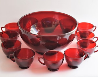 Ruby Red  Punch Bowl Set  13 Pieces  1 Large Bowl And 12 Cups Anchor Hocking