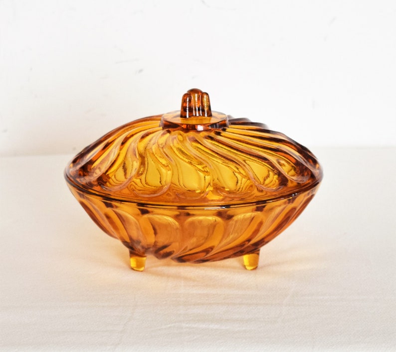 Vintage Amber Glass Candy Dish with LidColored Glass Home Decor