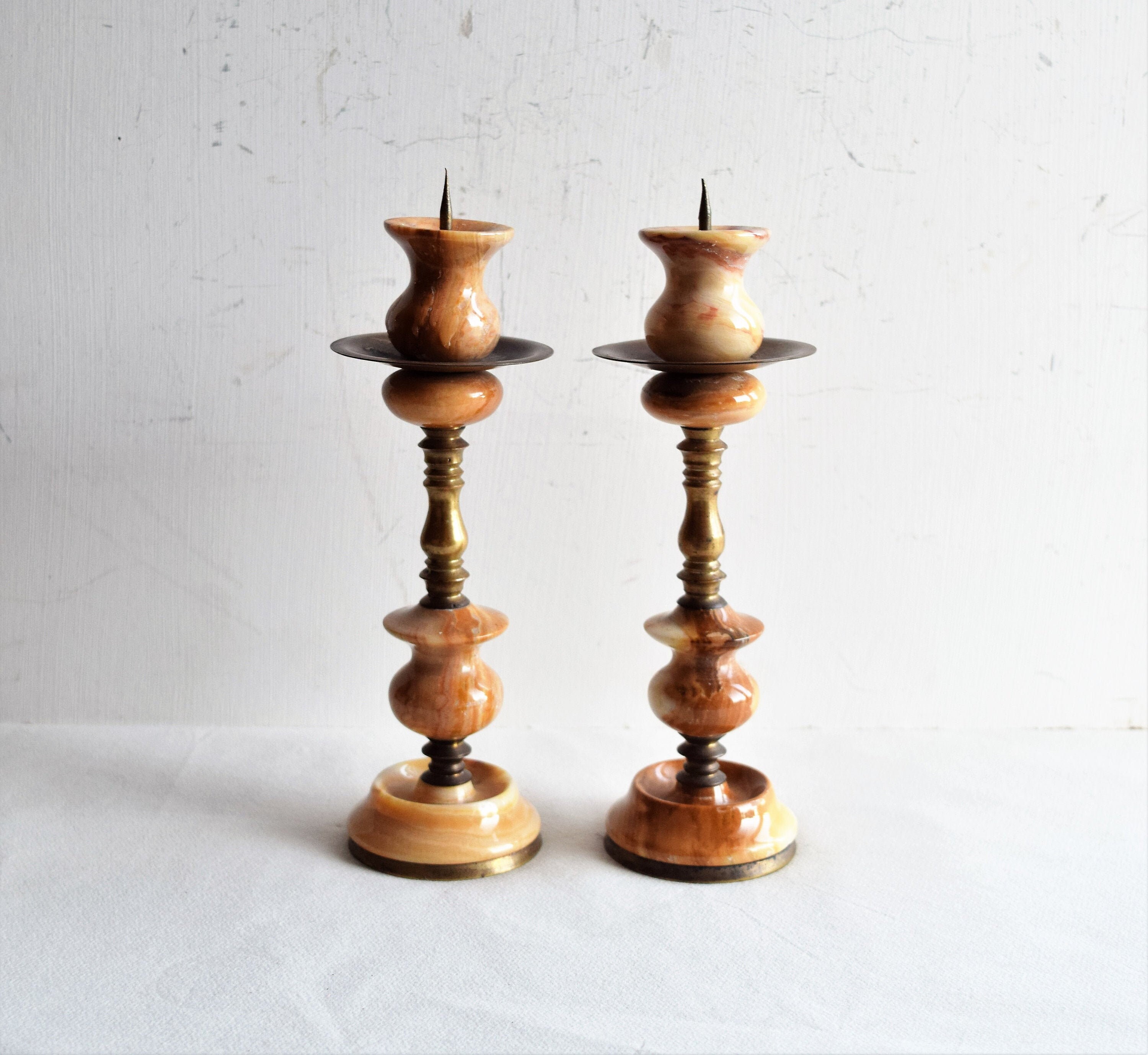 ヴィンテージ真鍮＆大理石キャンドルホルダー - 2個セット - Etsy 日本
