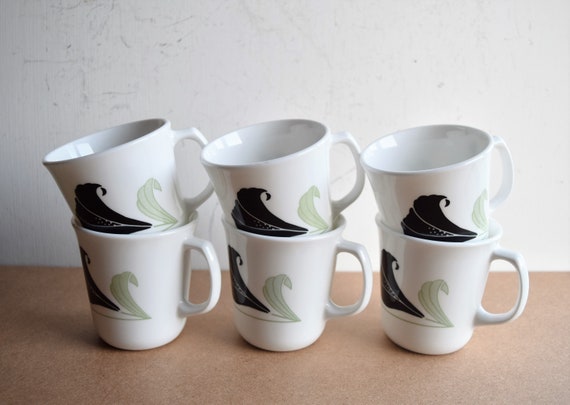 Set of 6 Corning "Black Orchid"  Mugs Corelle Cups Made in USA