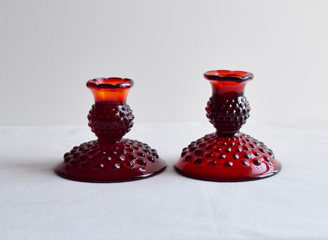 Set of 2 Fenton Red Glass Candle Holders/Vintage Red Hobnail Etsy
