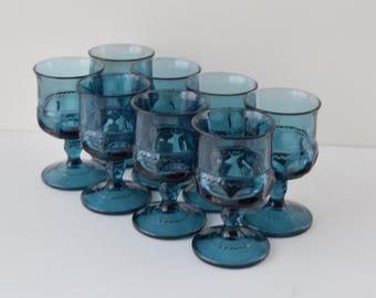Set of 8 Blue King's Crown Goblets Wine Glasses 4-3/8" tall