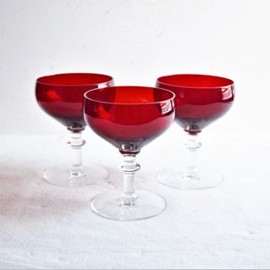 Set of 3 Vintage Red Goblets With Clear Glass Stem / Wine Glasses / Vintage Glassware