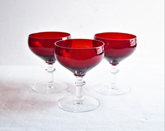 Set of 3 Vintage Red Goblets With Clear Glass Stem / Wine Glasses / Vintage Glassware