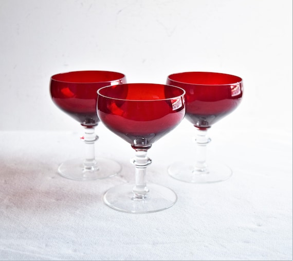 Set of 3 Vintage Red Goblets With Clear Glass Stem / Wine Glasses