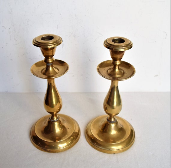 Set of 2 Heavy Brass Candle Holders Vintage Candlesticks 