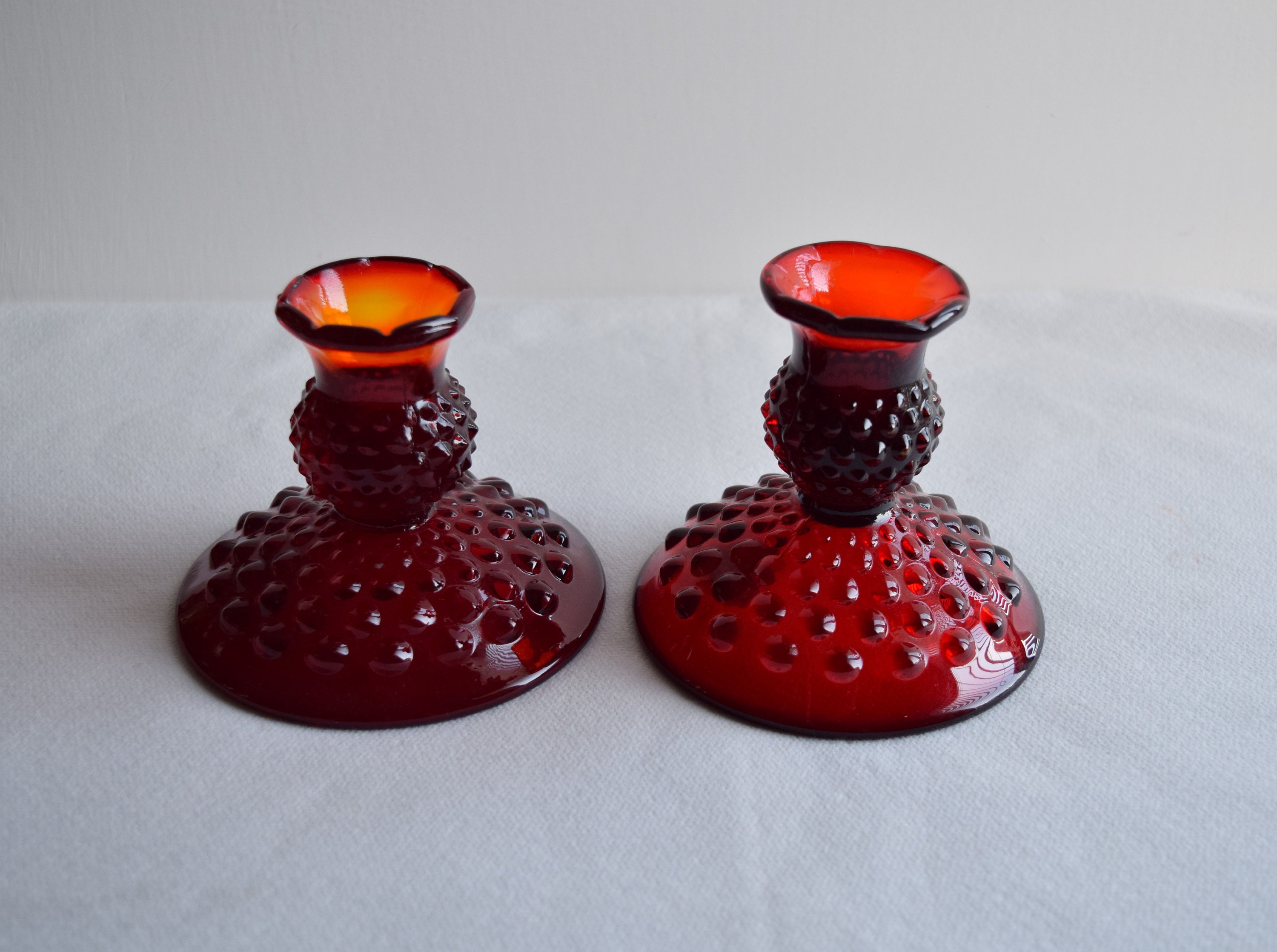 Set of 2 Fenton Red Glass Candle Holders/Vintage Red Hobnail Etsy